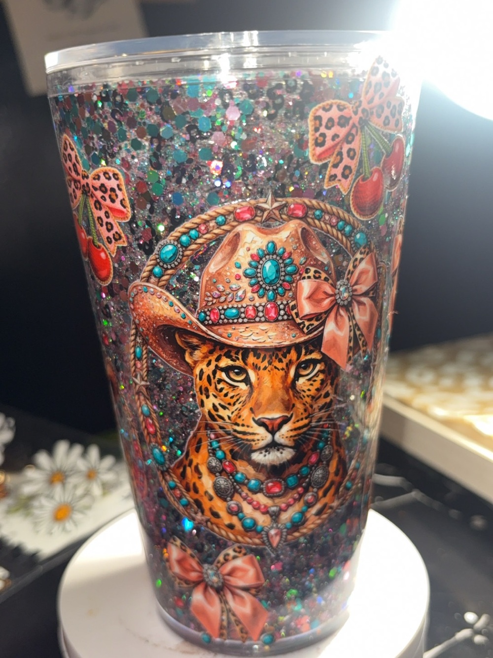 Glitter Leopard Cowboy Hat Tumbler - Pink & Turquoise Accents